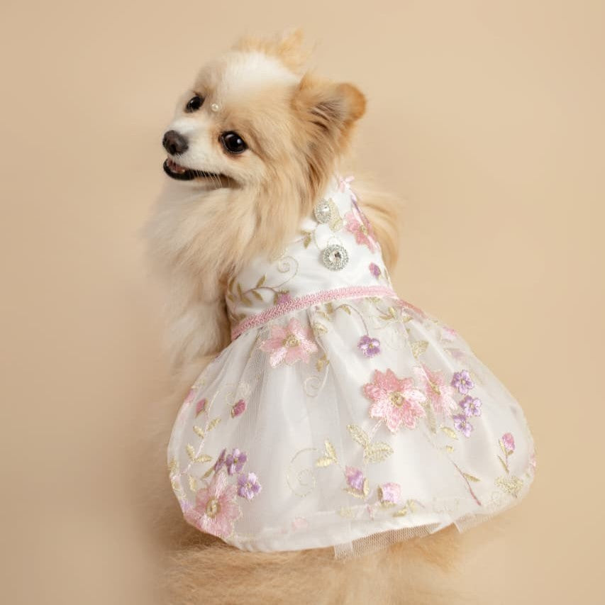 VESTIDO DE GALA PERLA CON FLORES